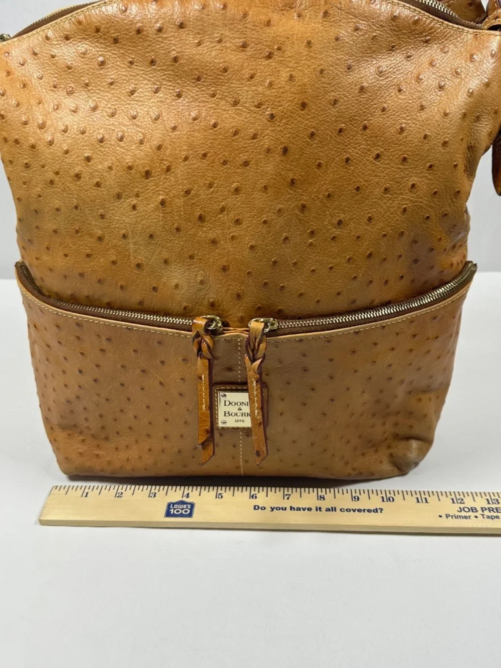 Dooney and Bourke Tan Ostrich Embossed Leather Double Front Zipper Compartments